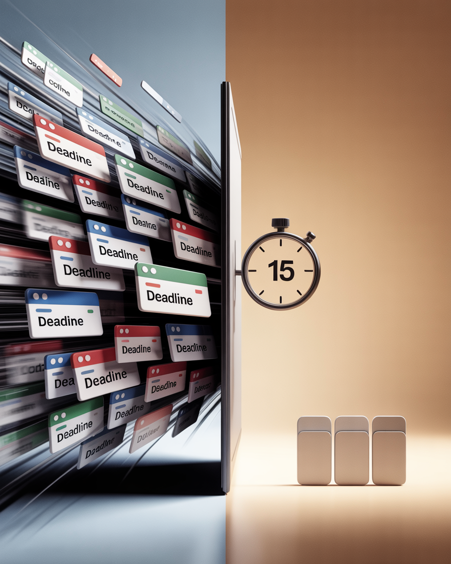 Contraste entre caos de múltiples tareas y organización con método de 15 minutos